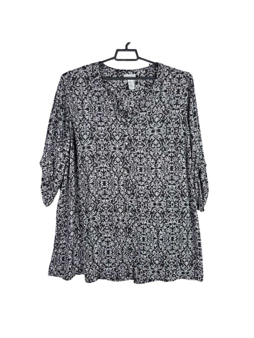 Womens Catherines Black & White Button Front Tunic Floral Blouse Polyester 3X